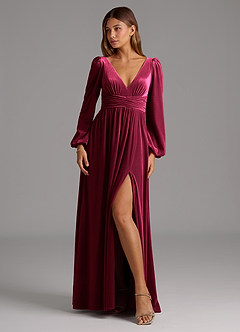 Azazie Norah Bridesmaid Dresses Burgundy A-Line Long Sleeve Velvet Dress image1