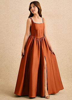 Azazie Enid Girls Formal Blomsterpigekjoler A-Line Perlebesat Stræk satin Gulv-længde Kjole image3