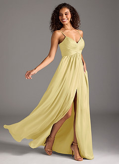 Azazie Alia Bridesmaid Dresses Lemon Sorbet A-Line Pleated Stretch Satin Dress image2
