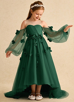Azazie Karrie Flower Girl Dresses Dark Green A-Line with Sleeves Tulle Dress image4