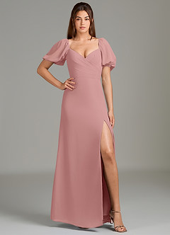 Azazie Phylicia At-home Try On Dresses Dusty Rose A-Line Bow Chiffon Dress image3