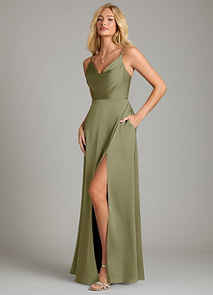 Azazie Sarella Vestidos de damas de honor Vestido de Pistacho de Satén Elástico de Corte en A con Plisado image5