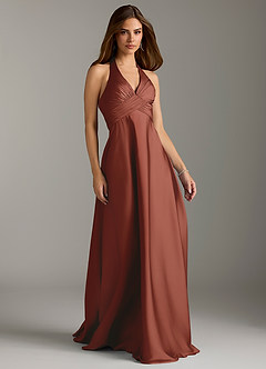 Azazie Tessie Bridesmaid Dresses Auburn A-Line Pleated Stretch Satin Dress image1