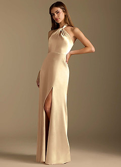 Azazie Tracie Bridesmaid Dresses Gold A-Line Pleated Metallic Satin Dress image4