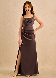 Azazie Cannoli Girls Formal Blumenmädchenkleider A-Linie Plissee Stretch-Satin Kleid Ganache image3