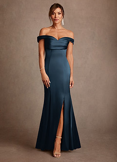 Azazie Boone Final Sale Dark Navy Mermaid Off the Shoulder Stretch Satin Dress image2