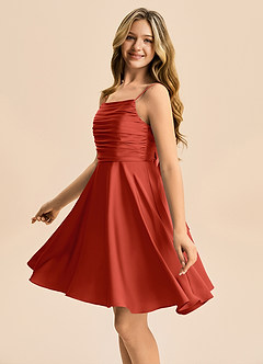 Azazie Miko Junior Rust A-Line Pleated Stretch Satin Dress image7