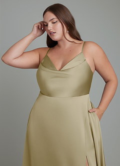 Azazie Sarella Bridesmaid Dresses Moss Green A-Line Pleated Stretch Satin Dress image9