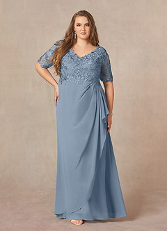 Azazie Amedeus Mother of the Bride Dresses Dusty Blue A-Line V-Neck Lace Chiffon Dress image6