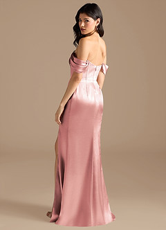 Azazie Lynden At-home Try On Dresses Auburn Sheath Off the Shoulder Metallic Satin Convertible Dress image4