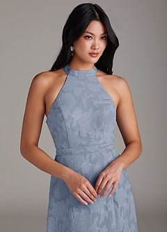 Azazie Clarice Robes de demoiselle d'honneur Robe Trapèze en Blumen-Burnout Fente Latérale Bleu Poussiéreux image5