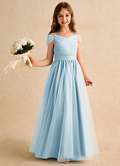 Azazie Yuna Girls Formal Abiti da Ragazza di Fiori Abito A-Line in Tulle a Spalla Scoperta Azzurro image1