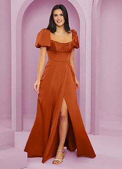 Barbie ♥ Azazie Bridesmaid Dresses Burnt Orange A-Line Ruched Stretch Satin Dress image1