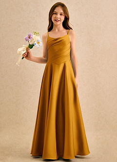 Azazie Coconut Girls Formal Sukienki dla dziewczynek sypiących kwiaty Linia A Pofałdowany Satyna elastyczna Długość podłogi Sukienka image4