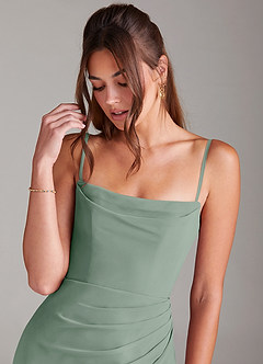 Azazie Leonis Vestidos de damas de honor Vestido de Salvia Plateada de Gasa de Corte Recto Convertible con Sin tirantes image2