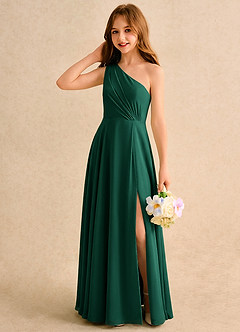 Azazie Puddles Girls Formal Robe Demoiselle D'honneur Fillette Robe Trapèze en Mousseline de soie Une épaule émeraude image3