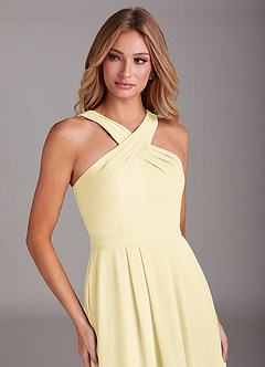 Azazie Dixie Bridesmaid Dresses Lemon Sorbet A-Line Halter Pleated Chiffon Dress image5