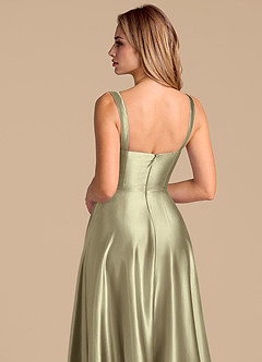 Azazie Shaude Bridesmaid Dresses Moss Green A-Line Pleated Metallic Satin Dress image7