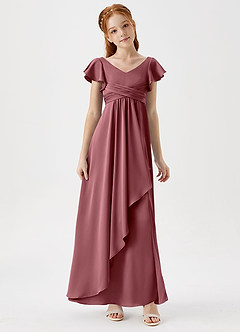 Azazie Omari Junior Desert Rose A-Line Pleated Stretch Satin Dress image3