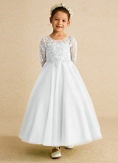 Azazie Precious Flower Girl Dresses Diamond White A-Line Lace Tulle Dress image4