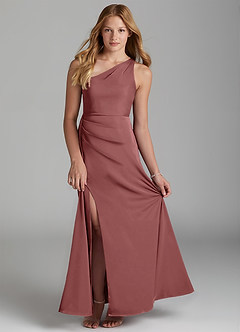 Azazie Maron Junior Amethyst A-Line Pleated Stretch Satin Dress image1