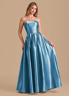 Azazie Lucienne At-home Try On Dresses Dark Green A-Line Pleated Metallic Satin Dress image3