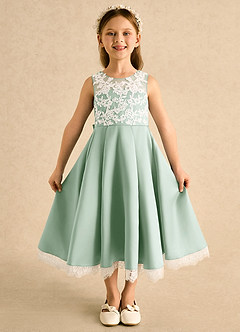 Azazie Amari vestidos de niña de las flores Vestido Agave de Satin Mate de Línea A con Encaje image4