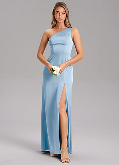 Azazie Phaedra Bridesmaid Dresses Powder Blue A-Line One Shoulder Stretch Satin Dress image7
