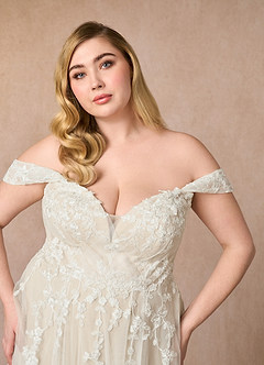 Azazie Botanica Wedding Dresses Diamond White Nude A-Line Off the Shoulder Tulle Dress image11