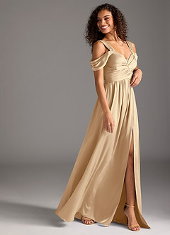 Azazie Lianne Jurken voor bruidsmeisjes Jurk van Stretch Satijn met A-Lijn Off the Shoulder Champagne image6