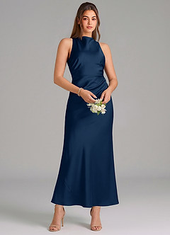 Azazie Evadne Vestidos de damas de honor Vestido de Azul Marino Oscuro de Satén Elástico de Corte Recto con Plisado image3