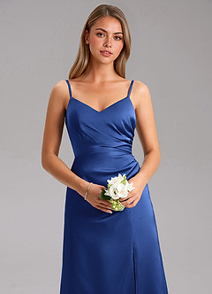 Azazie Azuree Bridesmaid Dresses Royal Blue A-Line Pleated Stretch Satin Dress image14