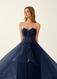 Anais Navy Corset Lace Up Back Lace Ruffled Prom Dress image5