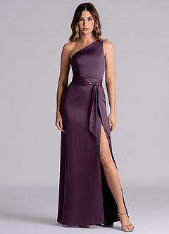 Azazie Philana Bridesmaid Dresses Plum A-Line One Shoulder Stretch Satin Dress image2