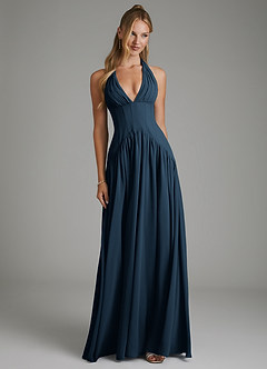 Azazie Alicia Bridesmaid Dresses Dark Navy A-Line Pleated Chiffon Dress image1
