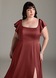 Azazie Bondi Robes de demoiselle d'honneur Robe Trapèze en Satin extensible Nœud Terracotta image11