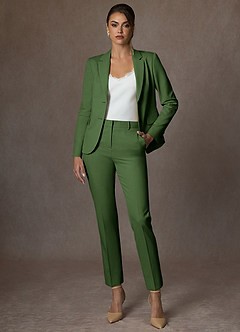 front Whitney Olive Structured Stretch Full Length Pants Suit