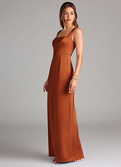 Azazie Flori Bridesmaid Dresses Cinnamon Sheath Side Slit Stretch Satin Dress image4