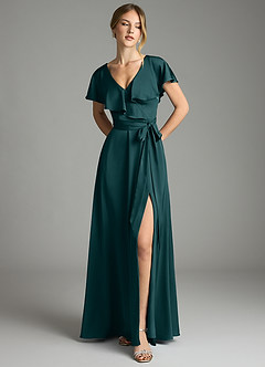 Azazie Lainey Bridesmaid Dresses Pine A-Line with Pockets Stretch Satin Dress image3