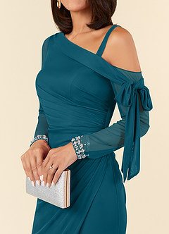 Azazie Marna Final Sale Ink Blue Sheath One Shoulder Mesh Dress image4