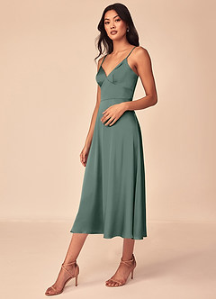 Azazie Dottie Final Sale Agave A-Line Stretch Satin Dress image4