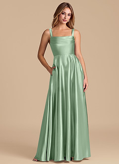 Azazie Shaude 신부 들러리 드레스 A라인 주름진 메탈릭 새틴 바닥 길이 드레스 image1