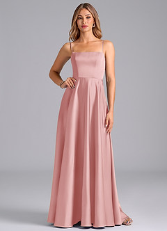 Azazie Elita Robes de demoiselle d'honneur Robe Trapèze en Satin extensible Plissée Rose Poudré image1