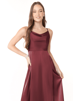 Azazie Naomie Bridesmaid Dresses Merlot A-Line Cowl Neckline Side Slit Stretch Satin Dress image5