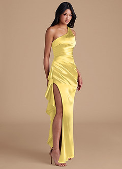 Azazie Latrice Bridesmaid Dresses Canary Sheath One Shoulder Metallic Satin Dress image1