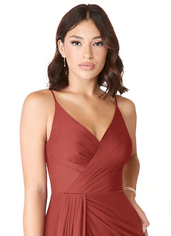 Azazie Evalin Bridesmaid Dresses Terracotta A-Line V-Neck Pleated Mesh Dress image5