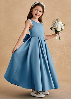 Azazie Honey Bear Flower Girl Dresses Steel Blue A-Line Pleated Matte Satin Dress image5