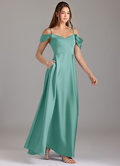 Azazie Marley Bridesmaid Dresses Aqua A-Line Off the Shoulder Stretch Satin Convertible Dress image4