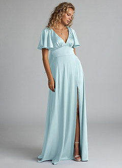 Azazie Kimber Bridesmaid Dresses Cloud Blue A-Line Ruched Stretch Satin Dress image4
