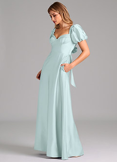 Azazie Fatima Bridesmaid Dresses Sea Glass A-Line Sweetheart Neckline Stretch Satin Dress image5